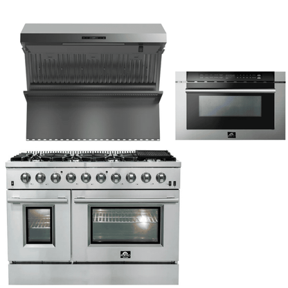 FORNO Appliance Package - 48 Inch Gas Range, Wall Mount Range Hood, Microwave Drawer, AP-FFSGS6244-48-3