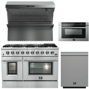 FORNO Appliance Package - 48 Inch Gas Range, Wall Mount Range Hood, Microwave Drawer, Dishwasher, AP-FFSGS6244-48-6