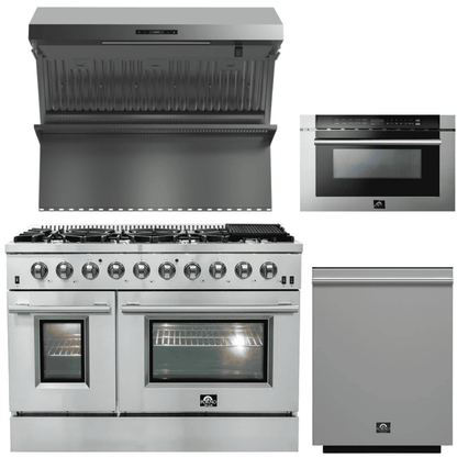 FORNO Appliance Package - 48 Inch Gas Range, Wall Mount Range Hood, Microwave Drawer, Dishwasher, AP-FFSGS6244-48-6