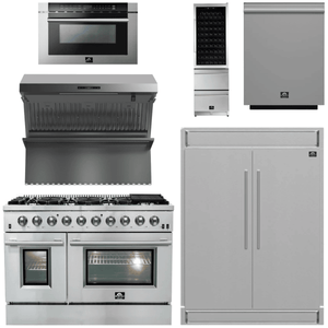 FORNO Appliance Package - 48" Gas Range, Range Hood, 60" Refrigerator, Microwave Drawer, Dishwasher, Wine Cooler, AP-FFSGS6244-48-6P