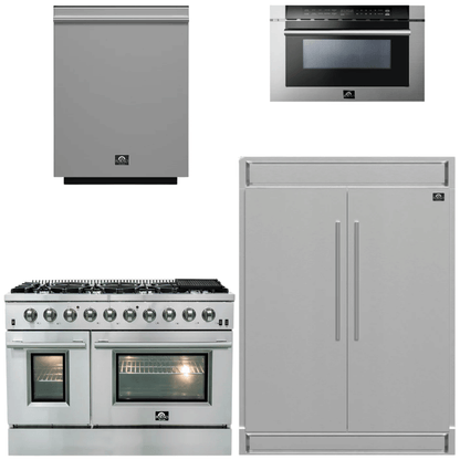 FORNO Appliance Package - 48 Inch Gas Range, 60 Inch Refrigerator, Microwave Drawer, Dishwasher, AP-FFSGS6244-48-7