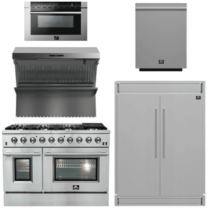 FORNO Package - 48 Inch Gas Range, Wall Mount Range Hood, Refrigerator, Microwave Drawer, Dishwasher, AP-FFSGS6244-48-8
