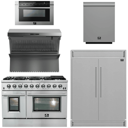FORNO Package - 48 Inch Gas Range, Wall Mount Range Hood, Refrigerator, Microwave Drawer, Dishwasher, AP-FFSGS6244-48-8