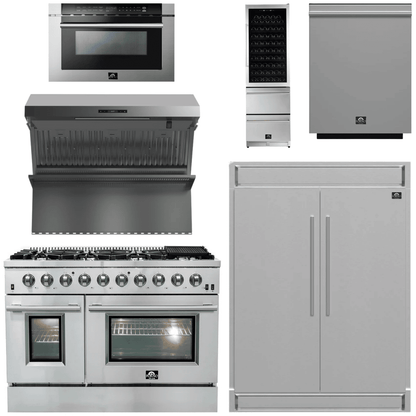 FORNO Appliance Package - 48 Inch Gas Range, Range Hood, Refrigerator, Microwave Drawer, Dishwasher, Wine Cooler, AP-FFSGS6244-48-9