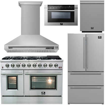 FORNO Galiano Package - 48" Chef Door Gas Range, Range Hood, 36" Refrigerator with Ice Maker, Dishwasher, 24" Microwave Drawer in Stainless Steel, AP-FFSGS6244-48-C