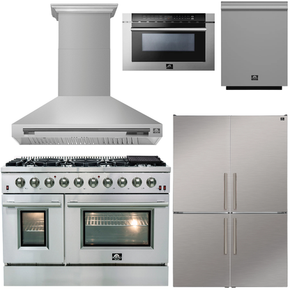 FORNO Galiano Package - 48" Chef Door Gas Range, Range Hood, 46.8" Refrigerator with Bottom Freezer and Ice Maker, Dishwasher, 24" Microwave Drawer in Stainless Steel, AP-FFSGS6244-48-D