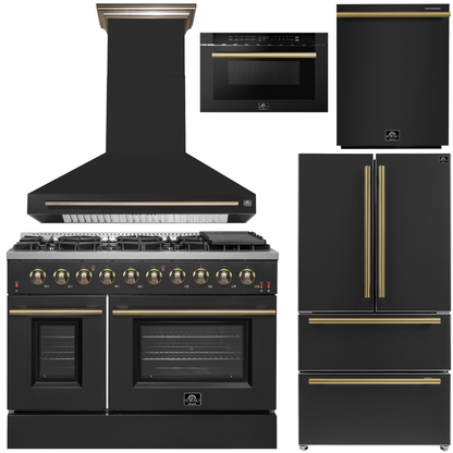 FORNO Galiano Package - 48" Chef Door Gas Range, Range Hood, 36" Refrigerator with Ice Maker, Dishwasher, 24" Microwave Drawer in Black with Antique Brass Accents, AP-FFSGS6244-48BLK-C