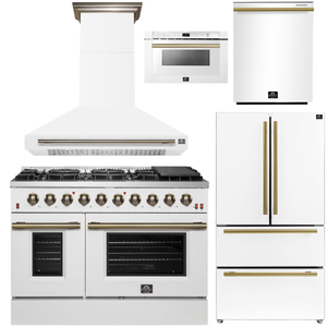 FORNO Galiano Package - 48" Chef Door Gas Range, Range Hood, 36" Refrigerator with Ice Maker, Dishwasher, 24" Microwave Drawer in White with Antique Brass Accents, AP-FFSGS6244-48WHT-C