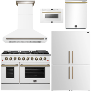 FORNO Galiano Package - 48" Chef Door Gas Range, Range Hood, 46.8" Refrigerator with Bottom Freezer and Ice Maker, Dishwasher, 24" Microwave Drawer in White with Antique Brass Accents, AP-FFSGS6244-48WHT-D