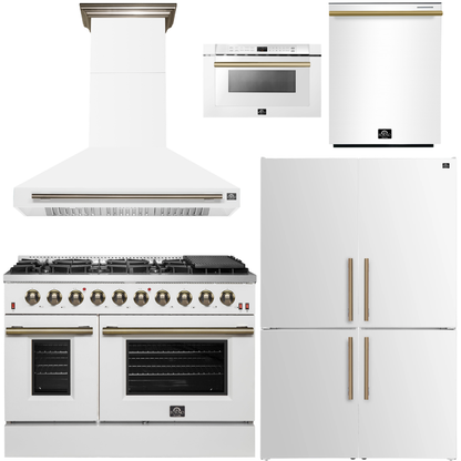 FORNO Galiano Package - 48" Chef Door Gas Range, Range Hood, 46.8" Refrigerator with Bottom Freezer and Ice Maker, Dishwasher, 24" Microwave Drawer in White with Antique Brass Accents, AP-FFSGS6244-48WHT-D