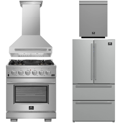 FORNO Appliance Package - 30" Chef Door Gas Range, Range Hood, 36" Refrigerator with Ice Maker, Dishwasher in Stainless Steel, AP-FFSGS6260-30-A