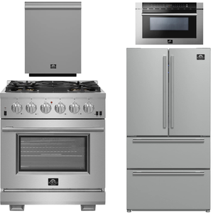 FORNO Appliance Package - 30" Chef Door Gas Range, 36" Refrigerator with Ice Maker, Dishwasher, 24" Microwave Drawer in Stainless Steel, AP-FFSGS6260-30-B