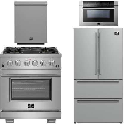 FORNO Appliance Package - 30" Chef Door Gas Range, 36" Refrigerator with Ice Maker, Dishwasher, 24" Microwave Drawer in Stainless Steel, AP-FFSGS6260-30-B