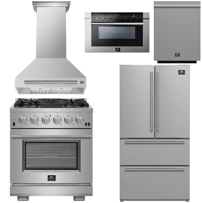 FORNO Appliance Package - 30" Chef Door Gas Range, Range Hood, 36" Refrigerator with Ice Maker, Dishwasher, 24" Microwave Drawer in Stainless Steel, AP-FFSGS6260-30-C