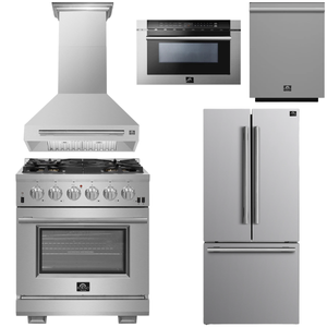 FORNO Appliance Package - 30" Chef Door Gas Range, Range Hood, 30" French Door Refrigerator with Ice Maker, Dishwasher, 24" Microwave Drawer in Stainless Steel, AP-FFSGS6260-30-D