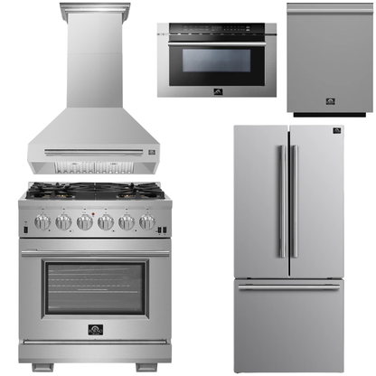 FORNO Appliance Package - 30" Chef Door Gas Range, Range Hood, 30" French Door Refrigerator with Ice Maker, Dishwasher, 24" Microwave Drawer in Stainless Steel, AP-FFSGS6260-30-D