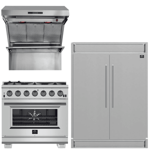 FORNO Appliance Package - 36 Inch Pro Gas Range, Wall Mount Range Hood, Refrigerator, AP-FFSGS6260-36-4