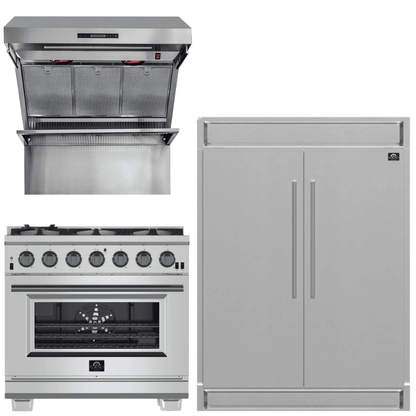 FORNO Appliance Package - 36 Inch Pro Gas Range, Wall Mount Range Hood, Refrigerator, AP-FFSGS6260-36-4