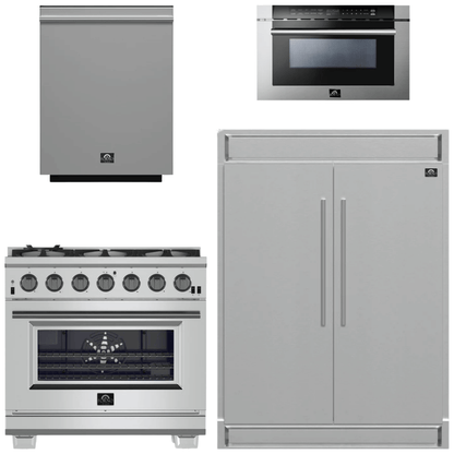 FORNO Appliance Package - 36 Inch Pro Gas Range, Refrigerator, Microwave Drawer, Dishwasher, AP-FFSGS6260-36-7