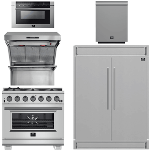 FORNO Package - 36 Inch Pro Gas Range, Wall Mount Range Hood, Refrigerator, Microwave Drawer, Dishwasher, AP-FFSGS6260-36-8