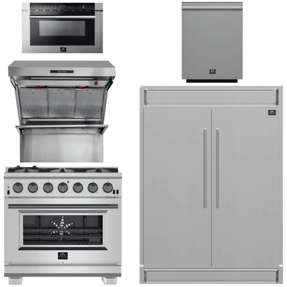 FORNO Package - 36 Inch Pro Gas Range, Wall Mount Range Hood, Refrigerator, Microwave Drawer, Dishwasher, AP-FFSGS6260-36-8