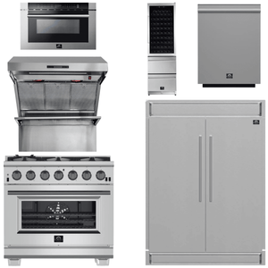 FORNO Appliance Package - 36 Inch Pro Gas Range, Range Hood, Refrigerator, Microwave Drawer, Dishwasher, Wine Cooler, AP-FFSGS6260-36-9