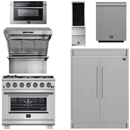 FORNO Appliance Package - 36 Inch Pro Gas Range, Range Hood, Refrigerator, Microwave Drawer, Dishwasher, Wine Cooler, AP-FFSGS6260-36-9