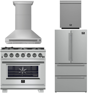 FORNO Appliance Package - 36" Chef Door Gas Range, Range Hood, 36" Refrigerator with Ice Maker, Dishwasher in Stainless Steel, AP-FFSGS6260-36-A