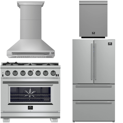 FORNO Appliance Package - 36" Chef Door Gas Range, Range Hood, 36" Refrigerator with Ice Maker, Dishwasher in Stainless Steel, AP-FFSGS6260-36-A
