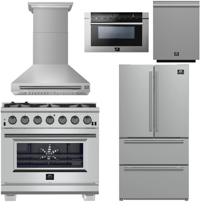 FORNO Appliance Package - 36" Chef Door Gas Range, Range Hood, 36" Refrigerator with Ice Maker, Dishwasher, 24" Microwave Drawer in Stainless Steel, AP-FFSGS6260-36-C
