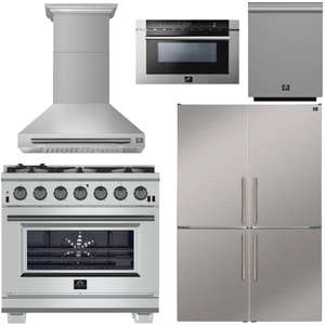 FORNO Appliance Package - 36" Chef Door Gas Range, Range Hood, 46.8" Custodia Refrigerator with Bottom Freezer and Ice Maker, Dishwasher, 24" Microwave Drawer in Stainless Steel, AP-FFSGS6260-36-D