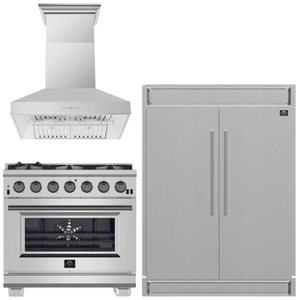 FORNO Appliance Package - 36 Inch Pro Gas Range, Wall Mount Range Hood, Refrigerator, AP-FFSGS6260-36-W-4