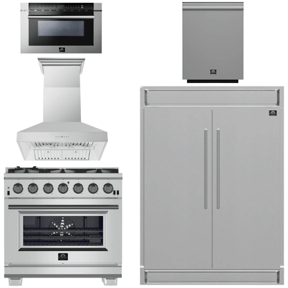 FORNO Package - 36 Inch Pro Gas Range, Wall Mount Range Hood, Refrigerator, Microwave Drawer, Dishwasher, AP-FFSGS6260-36-W-8