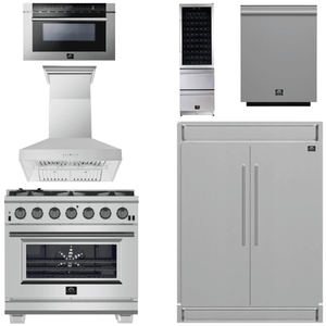 FORNO Appliance Package - 36 Inch Pro Gas Range, Range Hood, Refrigerator, Microwave Drawer, Dishwasher, Wine Cooler, AP-FFSGS6260-36-W-9