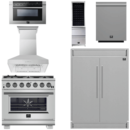 FORNO Appliance Package - 36 Inch Pro Gas Range, Range Hood, Refrigerator, Microwave Drawer, Dishwasher, Wine Cooler, AP-FFSGS6260-36-W-9