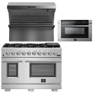 FORNO Appliance Package - 48 Inch Pro Gas Range, Wall Mount Range Hood, Microwave Drawer, AP-FFSGS6260-48-3