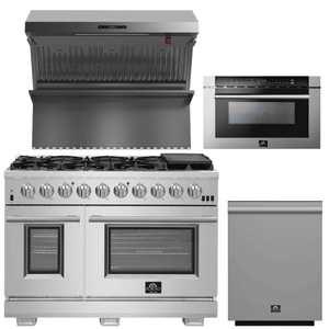 FORNO Appliance Package - 48 Inch Pro Gas Range, Wall Mount Range Hood, Microwave Drawer, Dishwasher, AP-FFSGS6260-48-6