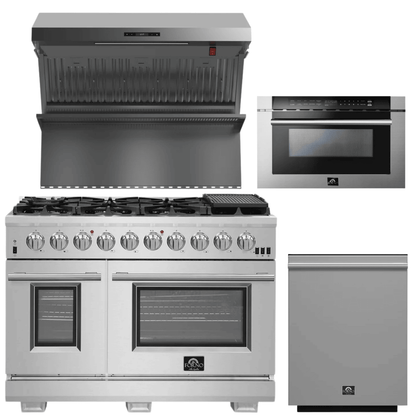 FORNO Appliance Package - 48 Inch Pro Gas Range, Wall Mount Range Hood, Microwave Drawer, Dishwasher, AP-FFSGS6260-48-6