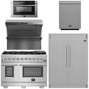 FORNO Package - 48" Gas Range, Wall Mount Range Hood, Refrigerator, Microwave, Dishwasher, AP-FFSGS6260-48-8