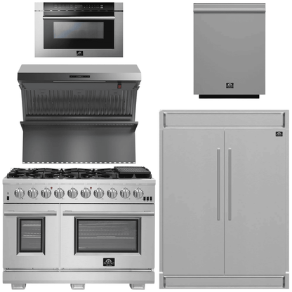 FORNO Package - 48" Gas Range, Wall Mount Range Hood, Refrigerator, Microwave, Dishwasher, AP-FFSGS6260-48-8