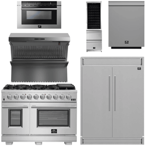 FORNO Appliance Package - 48 Inch Pro Gas Range, Range Hood, Refrigerator, Microwave Drawer, Dishwasher, Wine Cooler, AP-FFSGS6260-48-9