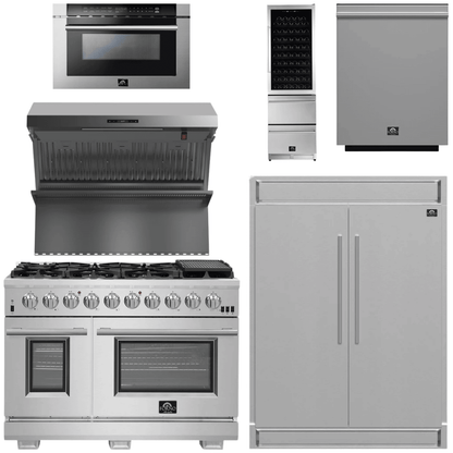 FORNO Appliance Package - 48 Inch Pro Gas Range, Range Hood, Refrigerator, Microwave Drawer, Dishwasher, Wine Cooler, AP-FFSGS6260-48-9