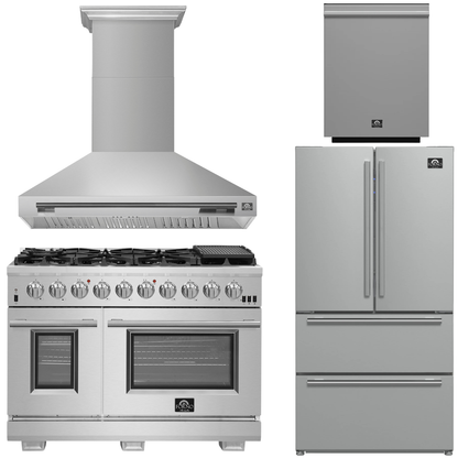 FORNO Appliance Package - 48" Chef Door Gas Range, Range Hood, 36" Refrigerator with Ice Maker, Dishwasher in Stainless Steel, AP-FFSGS6260-48-A