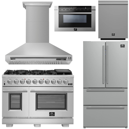 FORNO Appliance Package - 48" Chef Door Gas Range, Range Hood, 36" Refrigerator with Ice Maker, Dishwasher, 24" Microwave Drawer in Stainless Steel, AP-FFSGS6260-48-C