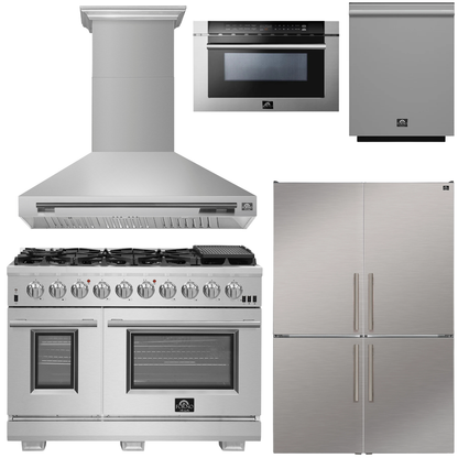 FORNO Appliance Package - 48" Chef Door Gas Range, Range Hood, 46.8" Custodia Refrigerator with Bottom Freezer and Ice Maker, Dishwasher, 24" Microwave Drawer in Stainless Steel, AP-FFSGS6260-48-D
