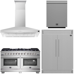 FORNO Appliance Package - 60" Chef Door Gas Range, Range Hood, 60" Convertible Refrigerator and Freezer, Dishwasher in Stainless Steel, AP-FFSGS6260-60-A