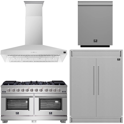 FORNO Appliance Package - 60" Chef Door Gas Range, Range Hood, 60" Convertible Refrigerator and Freezer, Dishwasher in Stainless Steel, AP-FFSGS6260-60-A
