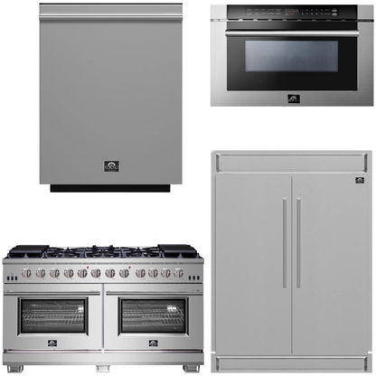 FORNO Appliance Package - 60" Chef Door Gas Range, 60" Convertible Refrigerator and Freezer, Dishwasher, 24" Microwave Drawer in Stainless Steel, AP-FFSGS6260-60-B