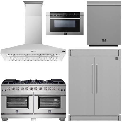 FORNO Appliance Package - 60" Chef Door Gas Range, Range Hood, 60" Convertible Refrigerator and Freezer, Dishwasher, 24" Microwave Drawer in Stainless Steel, AP-FFSGS6260-60-C