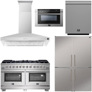 FORNO Appliance Package - 60" Chef Door Gas Range, Range Hood, 46.8" Custodia Refrigerator with Bottom Freezer and Ice Maker, Dishwasher, 24" Microwave Drawer in Stainless Steel, AP-FFSGS6260-60-D